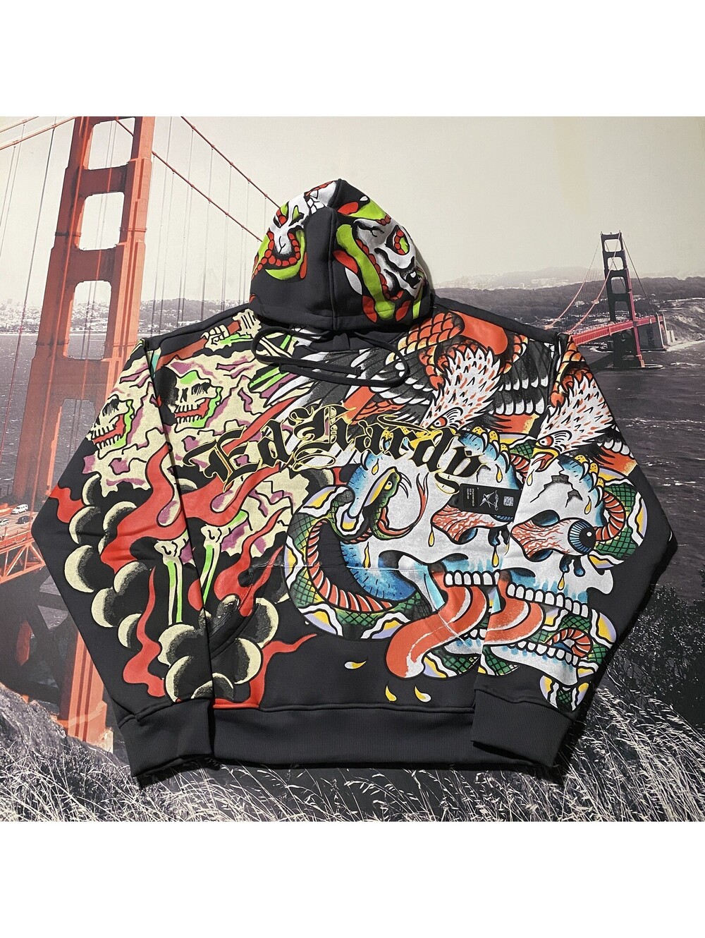 Ed Hardy Hoodie Mens M Multi Skulls Boxy Pullover Graphic AOP Snake Skull Eagle